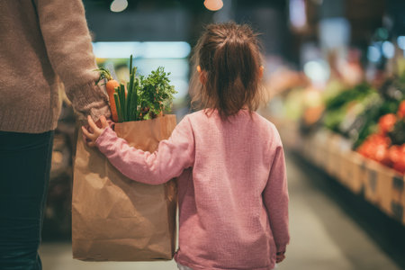 Young child is holding a paper grocery bag filled with fresh vegetables while walking with adult in a market, highlighting family bonding and shopping momentsの素材