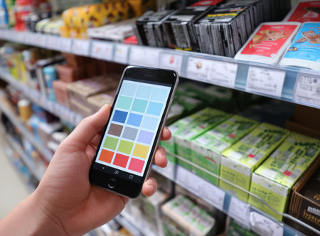 Smartphone in hand shows color palette while browsing grocery store aisle filled with diverse packaged items, illustrating contemporary shopping habits and technology integrationの素材