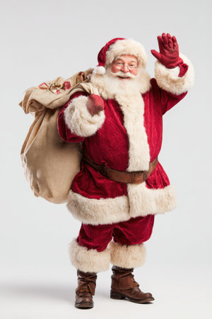 Joyful elderly man in classic Santa outfit, waving cheerfully while holding a large gift sack, radiating warmth and festive spirit during the holiday seasonの素材