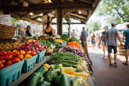 Colorful assortment of fresh produce at outdoor market, with shoppers interacting and enjoying the vibrant atmosphere, showcasing local agriculture and community spiritの素材