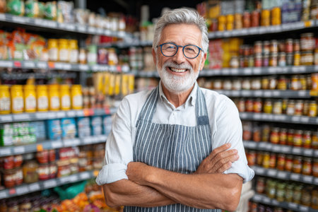 Elderly man with gray hair and glasses, wearing an apron, stands in a grocery store aisle filled with various food items, creating a welcoming atmosphereの素材
