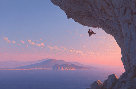 Climber ascends a rugged cliff at sunset, with a breathtaking ocean view and mountains in the background, showcasing the excitement of adventure and natural sceneryの素材