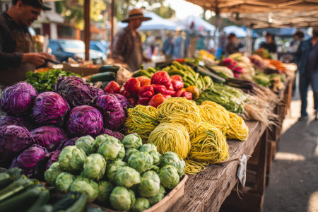 Colorful assortment of fresh vegetables at outdoor market, showcasing purple cabbage, green zucchini, and yellow noodles, inviting shoppers to explore healthy optionsの素材