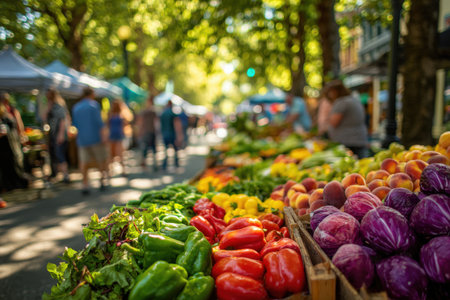 Colorful assortment of fresh produce at an outdoor market, featuring vegetables and fruits, with shoppers in the background enjoying the vibrant sceneの素材