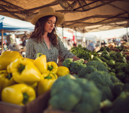 Female shopper in straw hat is choosing fresh vegetables at an outdoor market, surrounded by vibrant produce, highlighting healthy living and community spiritの素材