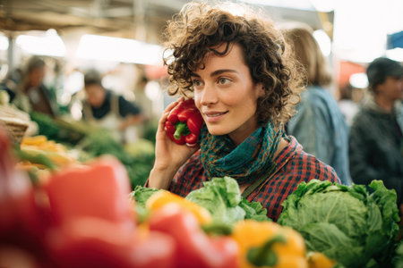 Female shopper with curly hair, holding red bell pepper, surrounded by colorful vegetables at bustling market, highlighting fresh produce and community atmosphereの素材