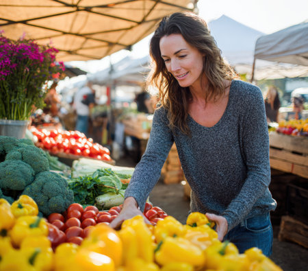 Female shopper is choosing ripe yellow bell peppers at a bustling outdoor market, with an array of fresh produce and flowers creating a lively atmosphereの素材