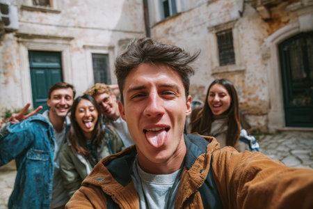 Young adults are enjoying a playful moment outdoors, capturing a fun selfie with vibrant expressions in a charming urban environment featuring rustic buildingsの素材