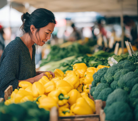 Female shopper is carefully choosing yellow bell peppers at a bustling market, with a variety of fresh vegetables creating a colorful and inviting atmosphereの素材