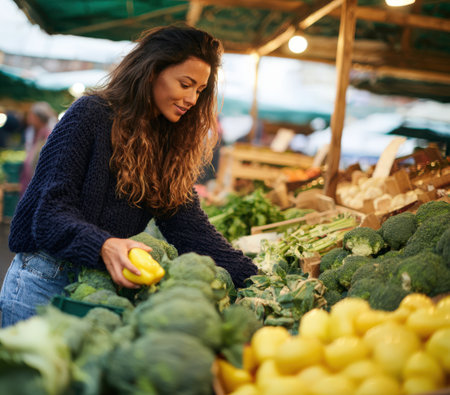 Female shopper is choosing fresh vegetables at a lively market, surrounded by a variety of colorful produce, promoting healthy eating and community interactionの素材