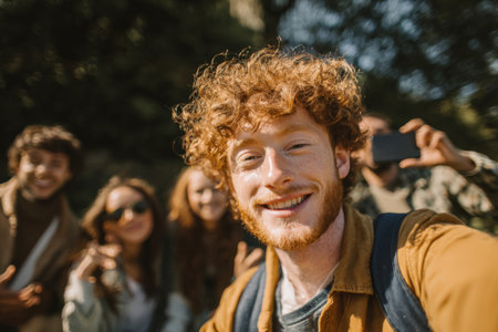 Smiling young man with curly red hair takes a selfie with friends in a lush outdoor environment, showcasing happiness and camaraderie among the groupの素材