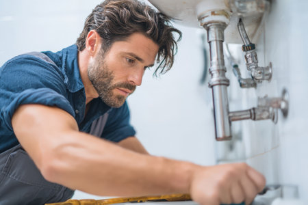 Male plumber is focused on repairing pipes beneath a sink, surrounded by plumbing tools and fixtures, highlighting professional skills and home maintenance expertiseの素材