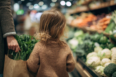 Child with curly hair, holding bag of greens, stands in market aisle filled with fresh vegetables, creating a lively and engaging shopping atmosphereの素材