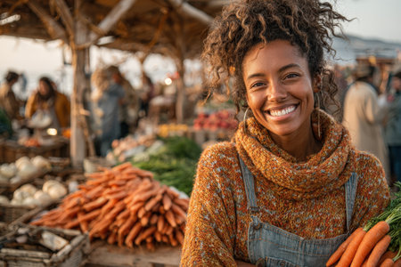 Happy woman with curly hair is holding fresh carrots at a bustling outdoor market, surrounded by vibrant produce and enthusiastic shoppers, celebrating local agricultureの素材