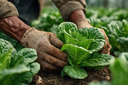Male farmer is harvesting lettuce in a vibrant green field, demonstrating hands-on agricultural work with healthy plants and rich soil surrounding himの素材