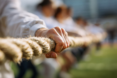 Strong hand holds thick rope in a tug-of-war competition, emphasizing teamwork and effort in an outdoor environment with blurred figures in the backgroundの素材