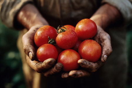 Hands present freshly picked red tomatoes, displaying rich colors and dirt, emphasizing the connection to nature and the importance of sustainable farming practicesの素材