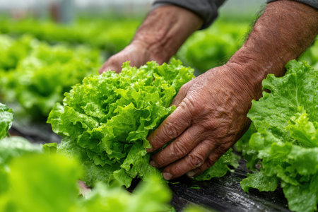 Hands carefully gather fresh green lettuce in a greenhouse, highlighting the vibrant colors and textures of organic vegetables in a nurturing agricultural settingの素材