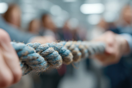 Diverse group of people participating in a tug of war, demonstrating teamwork and collaboration, with a blurred background highlighting the competitive atmosphereの素材