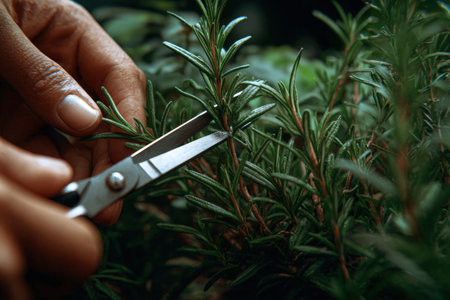 Hand carefully trims rosemary leaves with scissors, highlighting the lush greenery of the plant and the art of gardening, emphasizing freshness and careの素材