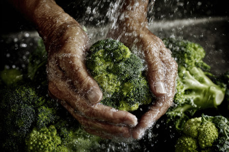 Fresh broccoli is being washed in hands under running water, with droplets creating a dynamic scene, highlighting the importance of cleanliness in food preparationの素材