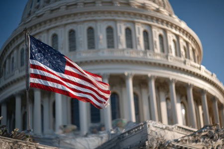 Flag of the United States billowing in the wind, set against an iconic dome structure, symbolizing patriotism and architectural elegance in a serene atmosphereの素材
