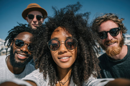 Diverse group of friends taking a selfie outdoors, smiling and wearing sunglasses, surrounded by a bright sunny environment, capturing joyful moments and friendshipの素材