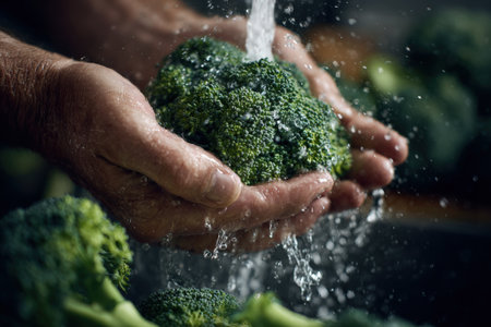 Person's hands are rinsing fresh broccoli under running water, highlighting the vibrant green color and texture, promoting healthy eating and food preparation habitsの素材