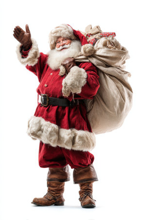 Jolly man in festive red attire, waving while carrying a large sack filled with gifts, radiating warmth and holiday cheer in a joyful atmosphereの素材