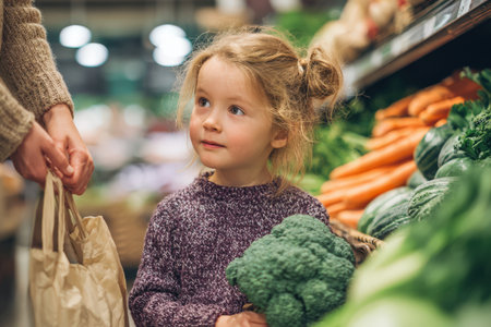 Child with light brown hair is holding broccoli in a grocery store, surrounded by colorful vegetables, emphasizing healthy choices and family bonding during shoppingの素材