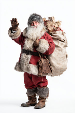Joyful elderly man dressed in a red fur outfit, waving cheerfully with a large sack of gifts, capturing the essence of holiday spirit and festive cheerの素材