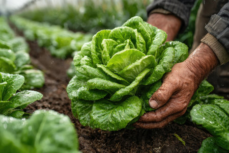 Farmer's hands are carefully holding a vibrant head of lettuce in a verdant field, highlighting the essence of organic farming and the connection to natureの素材