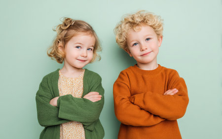 Two young children, a girl and a boy, stand confidently with arms crossed against a soft green backdrop, radiating joy and the essence of childhood friendshipの素材