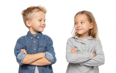 Two children, a boy and a girl, are smiling at each other with crossed arms, highlighting their playful bond and joyful expressions in a bright settingの素材