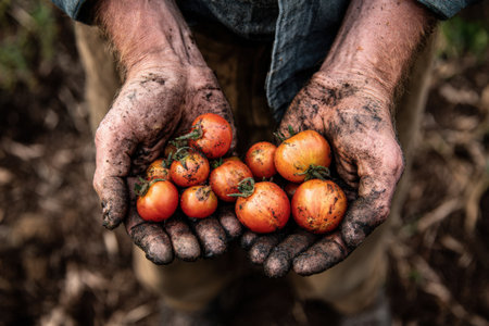 Farmer's hands hold freshly picked tomatoes, showcasing dirt and natural textures, surrounded by vibrant greenery, emphasizing the essence of organic farmingの素材