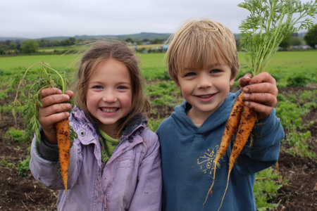 Children are smiling while holding freshly picked carrots in a vibrant green field, celebrating the joy of gardening and the connection to nature and healthy foodの素材