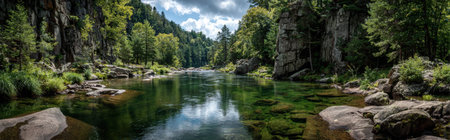 Tranquil river meanders through vibrant forest, with rocky cliffs framing the scene, reflecting the sky and greenery in the clear water, evoking a sense of calmnessの素材
