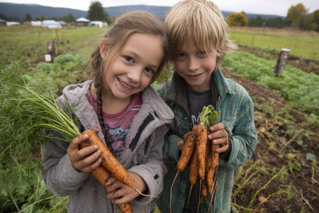 Children are happily holding freshly picked carrots in a lush garden, surrounded by greenery and earthy soil, celebrating the joy of gardening and harvestの素材