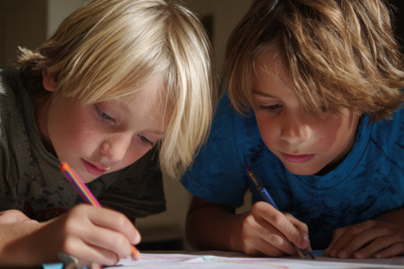 Two boys are deeply focused on their drawing activity, using colorful pencils on paper, highlighting creativity and teamwork in a well-lit indoor spaceの素材