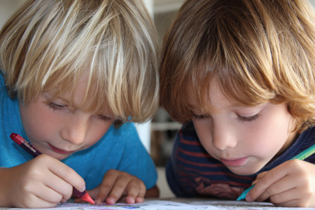 Young boys are engaged in coloring with crayons on paper, demonstrating creativity and teamwork in a bright, cheerful space filled with artistic potentialの素材