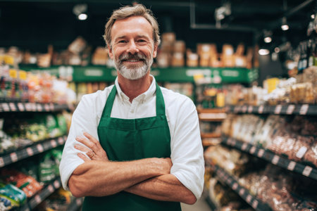 Friendly male grocery store employee, wearing green apron, stands in aisle filled with diverse products, creating a warm and inviting shopping experience for customersの素材