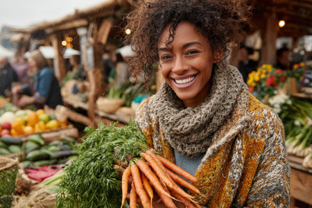 Smiling female vendor holds fresh carrots and greens at outdoor market, surrounded by colorful fruits and vegetables, promoting healthy eating and community engagementの素材