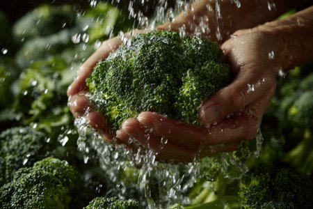Hands holding fresh broccoli under running water, highlighting the vibrant green color and texture, promoting healthy eating and the importance of organic vegetablesの素材