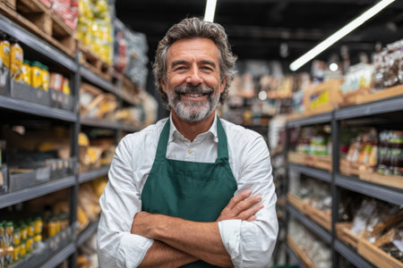 Happy male grocery store employee stands in aisle with shelves stocked with diverse products, creating a friendly environment for shoppers to exploreの素材