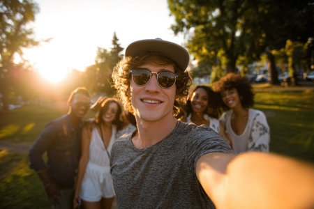 Male with curly hair captures a selfie with friends in a sunny park, surrounded by greenery and laughter, showcasing a lively and cheerful gatheringの素材
