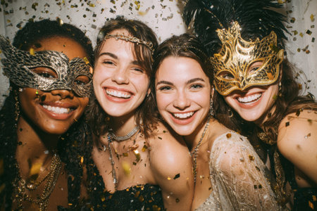 Four women in colorful masks are celebrating joyfully at a lively party, surrounded by sparkling confetti, capturing the essence of friendship and festivityの素材