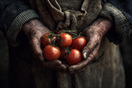 Elderly farmer's hands cradle ripe red tomatoes, displaying the hard work and connection to nature, emphasizing the beauty of organic farming and harvest seasonの素材