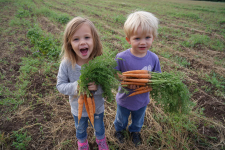 Children are happily holding freshly harvested carrots in a lush green field, embodying the joy of gardening and the connection to nature and agricultureの素材