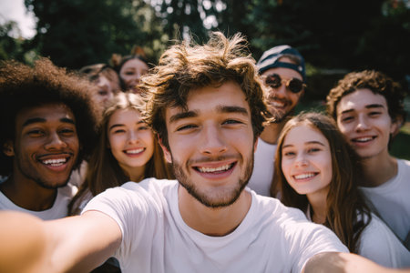 Diverse group of young adults enjoying a sunny day outdoors, smiling and posing for a selfie, surrounded by lush greenery and showcasing camaraderie and happinessの素材