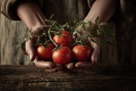 Hands present freshly picked tomatoes with green leaves, set against a rustic wooden background, highlighting the beauty of organic farming and healthy lifestyle choicesの素材